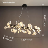 Illuminated black 59-inch linear chandelier with L59 by W16 by H47 inch dimensions.