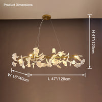 Illuminated gold 47-inch ginkgo chandelier with L47 by W16 by H47 inch dimensions.