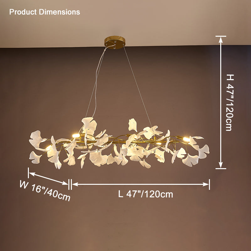 Illuminated gold 47-inch ginkgo chandelier with L47 by W16 by H47 inch dimensions.