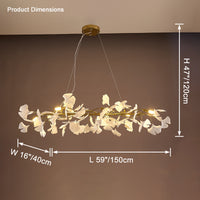 Illuminated gold 59-inch ginkgo chandelier with L59 by W16 by H47 inch dimensions.