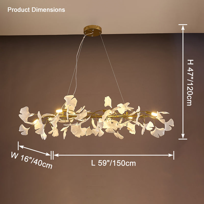 Illuminated gold 59-inch ginkgo chandelier with L59 by W16 by H47 inch dimensions.