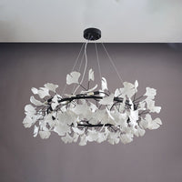 Black 39-inch round ceramic leaf chandelier shown unlit.