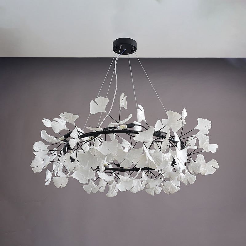 Black 39-inch round ceramic leaf chandelier shown unlit.