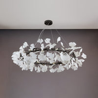 Black 49-inch large round ceramic leaf chandelier shown unlit.