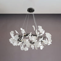 Black 31-inch round ceramic leaf chandelier shown unlit.