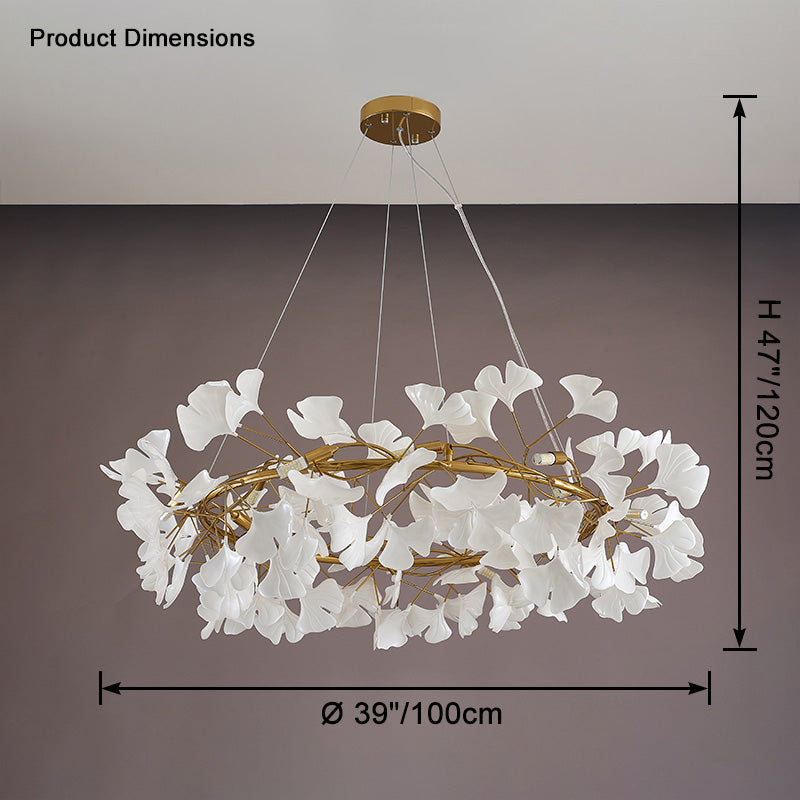 Dimension diagram for the gold WM2414 chandelier showing a 39-inch diameter.