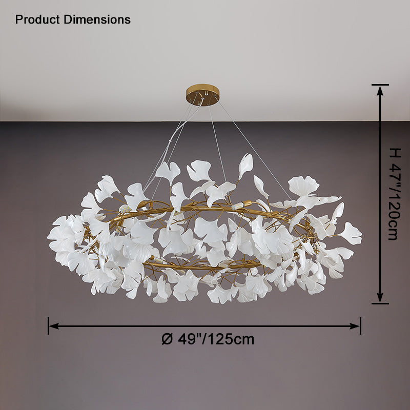 Dimension diagram for the gold WM2414 chandelier showing a 49-inch diameter.