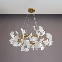 Gold 31-inch round ceramic leaf chandelier shown unlit.