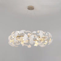 Ø39-inch WM2419 ginkgo leaf chandelier against a light background, emphasizing the larger round canopy of layered white ceramic leaves.