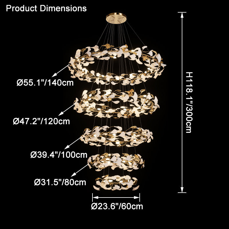 Dimension diagram for the five-tier chandelier, up to 55.1 inches wide and 118.1 inches high.