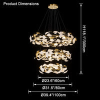 Dimension diagram for the three-tier chandelier, 23.6, 31.5 and 39.4 inches wide by 118.1 inches high.