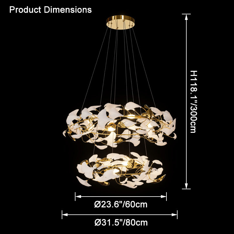 Dimension diagram for the two-tier chandelier, 23.6 and 31.5 inches wide by 118.1 inches high.