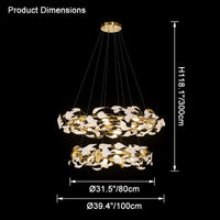 Dimension diagram for the two-tier chandelier, 31.5 and 39.4 inches wide by 118.1 inches high.