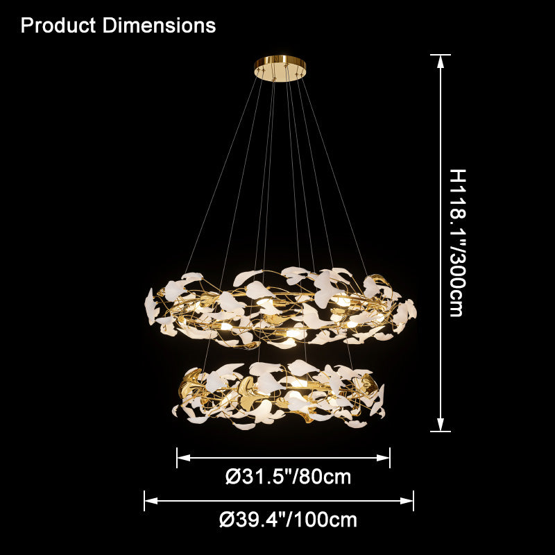 Dimension diagram for the two-tier chandelier, 31.5 and 39.4 inches wide by 118.1 inches high.