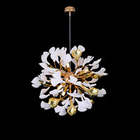Front view of the Ø50cm white and gold ginkgo leaf chandelier model hanging from a cable against a black background.