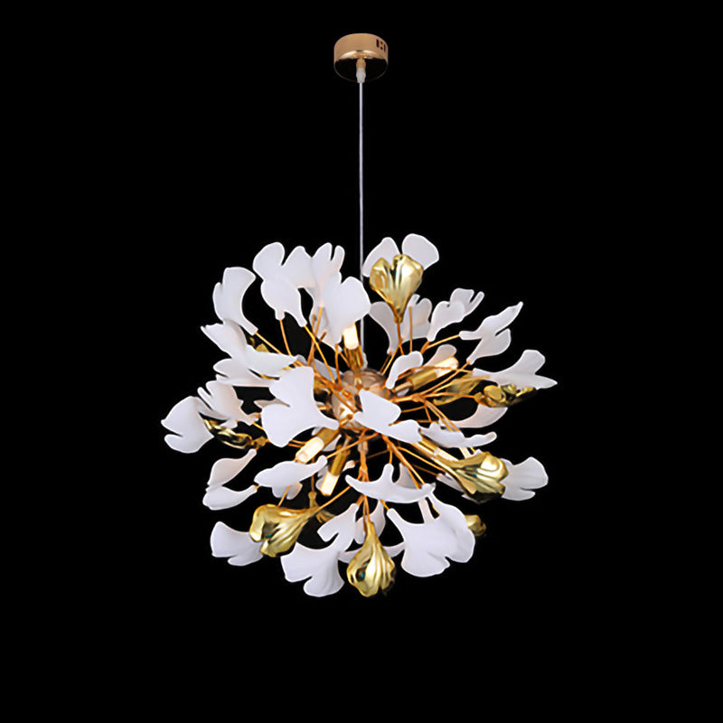 Front view of the Ø50cm white and gold ginkgo leaf chandelier model hanging from a cable against a black background.