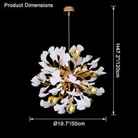 Dimension chart for the Ø50cm white-and-gold ginkgo leaf chandelier, showing diameter 19.7" (50cm) and height 47.2" (120cm).