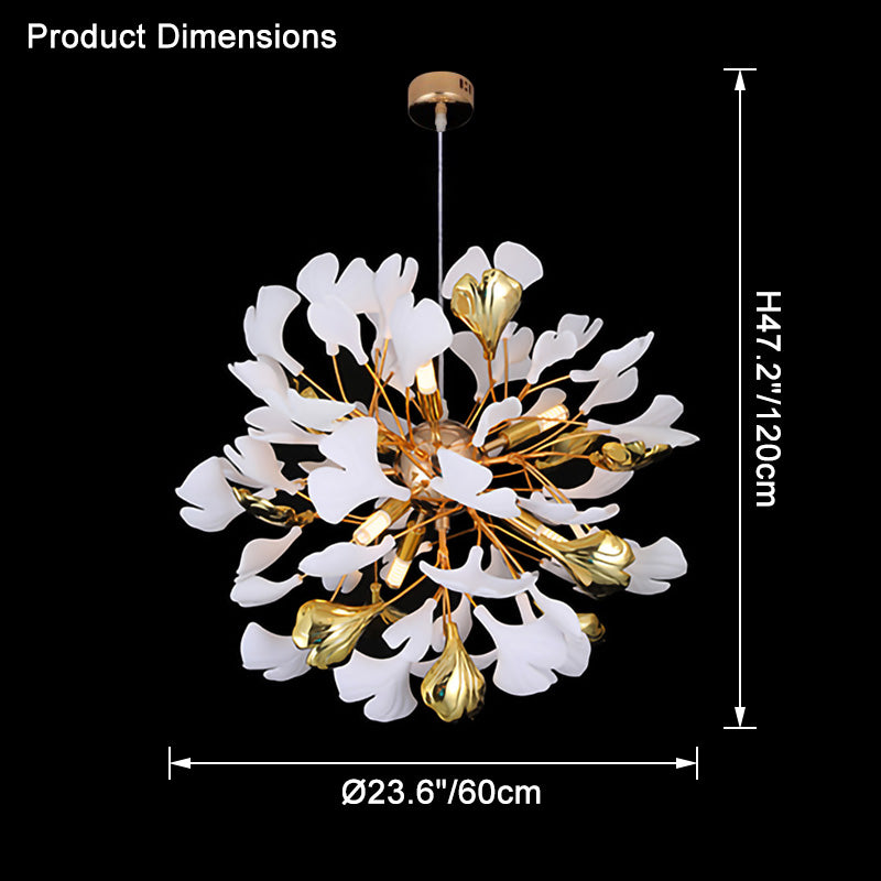 Dimension chart for the Ø60cm white-and-gold ginkgo leaf chandelier, with diameter 23.6" (60cm) and height 47.2" (120cm).