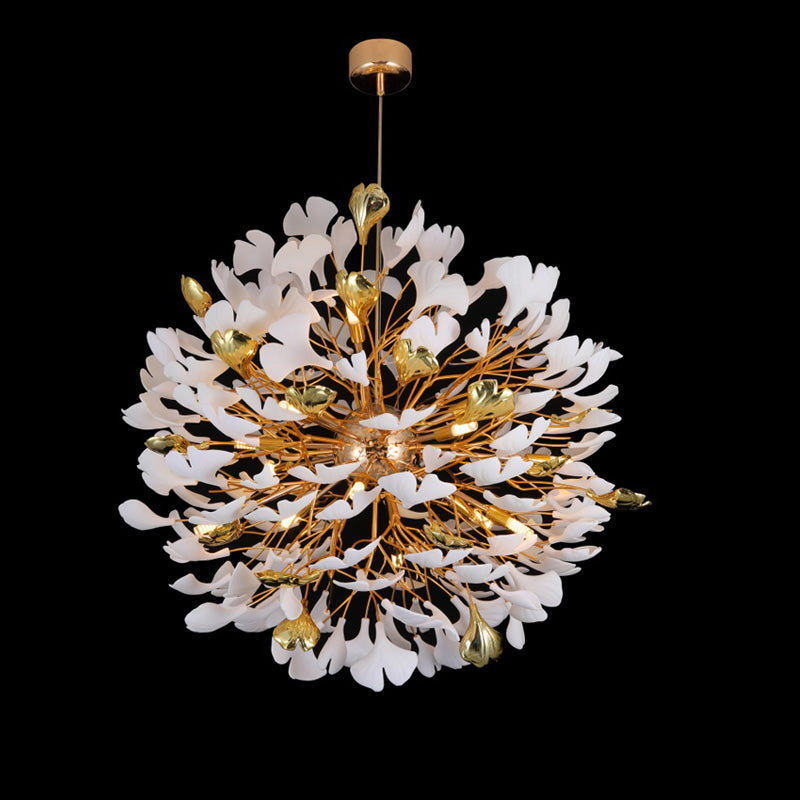 Front view of the Ø80cm white and gold ginkgo leaf chandelier model, displayed hanging from a gold ceiling canopy.