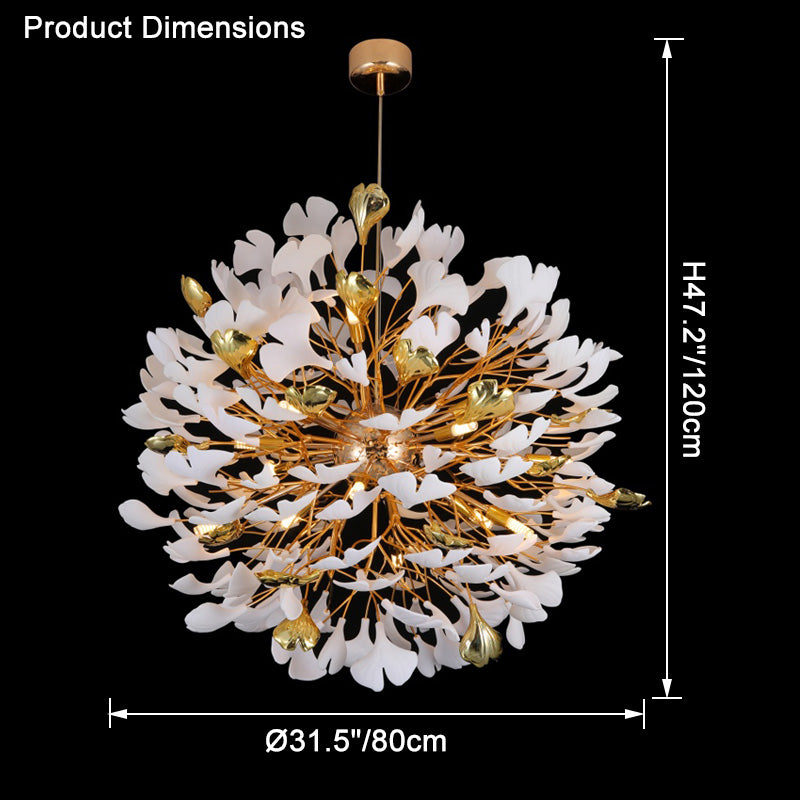 Dimension chart for the Ø80cm white-and-gold ginkgo leaf chandelier, showing diameter 31.5" (80cm) and height 47.2" (120cm).