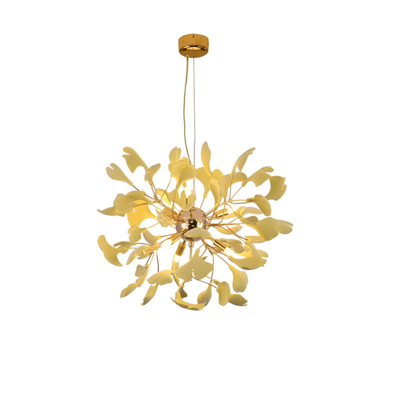 Front view of the Ø50cm all-yellow ginkgo leaf chandelier hanging on a gold canopy against a white background.
