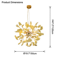 Dimension chart for the Ø50cm all-yellow ginkgo leaf chandelier, indicating diameter 19.7" (50cm) and height 47.2" (120cm).
