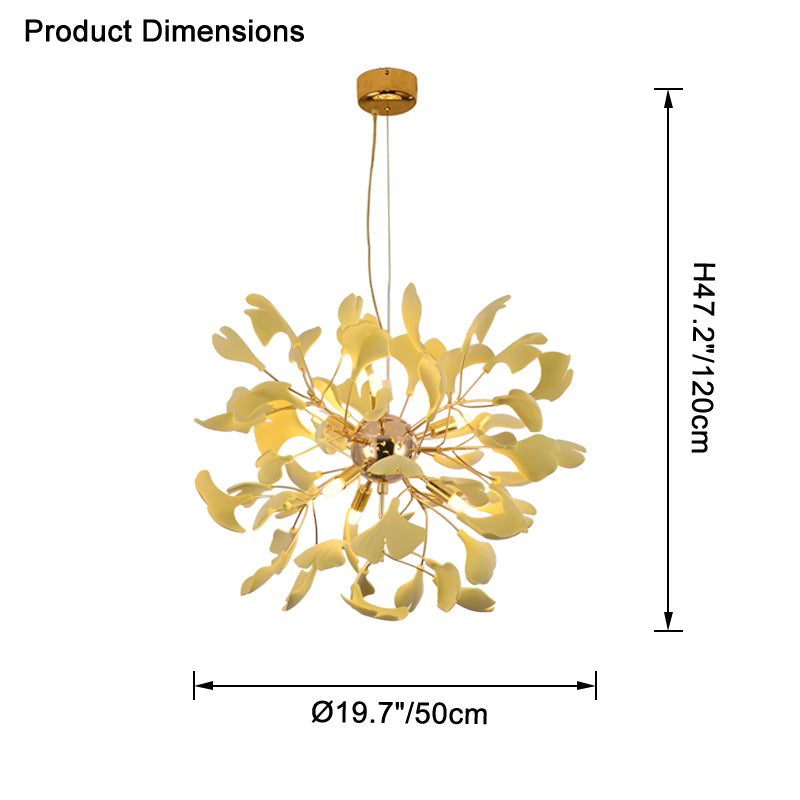 Dimension chart for the Ø50cm all-yellow ginkgo leaf chandelier, indicating diameter 19.7" (50cm) and height 47.2" (120cm).