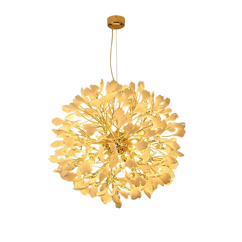 Front view of the Ø80cm all-white ginkgo leaf chandelier, suspended from a single cable with a gold ceiling mount.