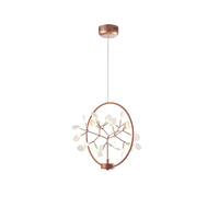 Full-length rose-gold Firefly small chandelier with a slim suspension, delivering sculptural ambient lighting while preserving valuable visual space.