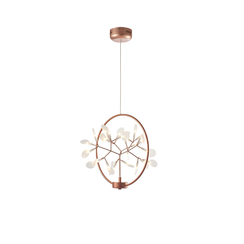 Full-length rose-gold Firefly small chandelier with a slim suspension, delivering sculptural ambient lighting while preserving valuable visual space.