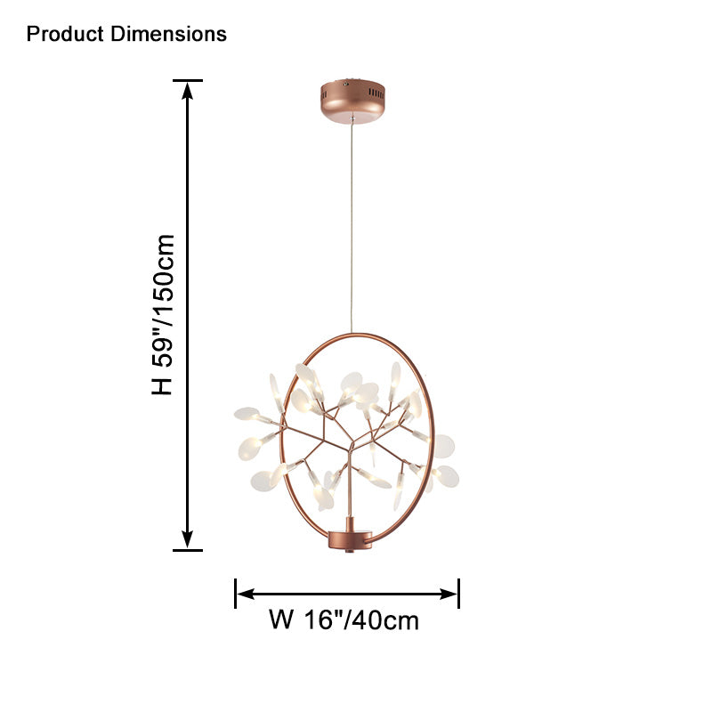 WM2438 small chandelier dimension graphic showing a 16-inch-wide circular frame and a labeled 59-inch total hanging height for placement planning.