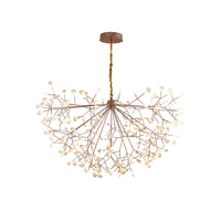 Illuminated 47-inch rose-gold modern organic chandelier, creating a balanced botanical canopy for spacious living rooms, foyers, or dining areas.