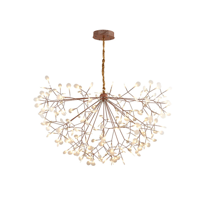 Illuminated 47-inch rose-gold modern organic chandelier, creating a balanced botanical canopy for spacious living rooms, foyers, or dining areas.