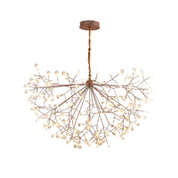 Illuminated 59-inch rose-gold sculptural chandelier, offering a fuller firefly canopy that confidently fills expansive or high-ceiling interiors.