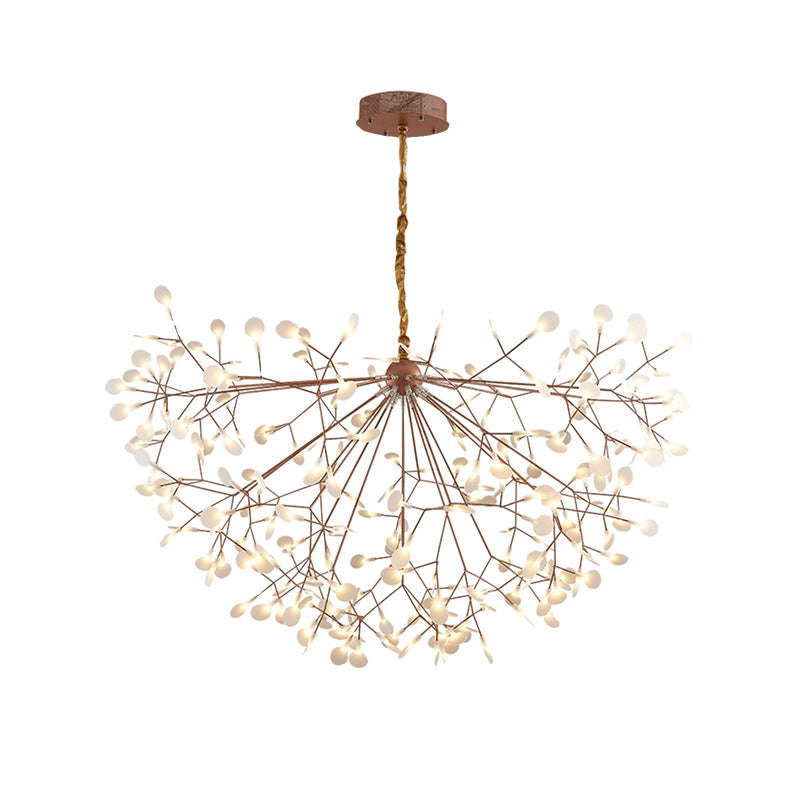 Illuminated 59-inch rose-gold sculptural chandelier, offering a fuller firefly canopy that confidently fills expansive or high-ceiling interiors.