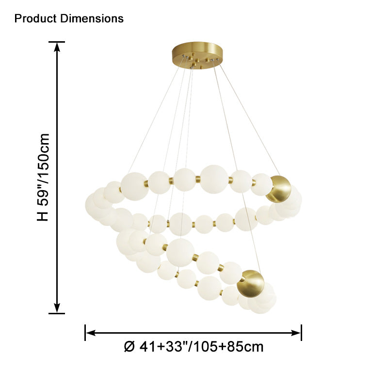 The two-tier chandelier combines 105 cm and 85 cm pearl rings with a 150 cm overall suspension height, clarifying its layered scale before installation.