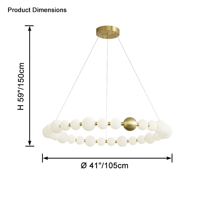 The 41-inch pearl-ring chandelier measures 105 cm across with a 150 cm overall suspension height for planning a larger-scale installation.