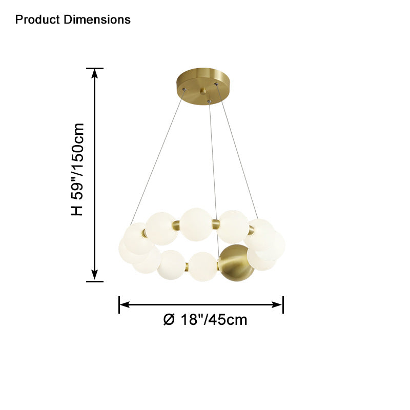 The 18-inch pearl-ring chandelier measures 45 cm across with a 150 cm overall suspension height, clarifying its scale for smaller-room placement.