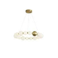 The 26-inch chandelier expands the luminous pearl circle while maintaining a balanced, visually light profile around its signature gold sphere.