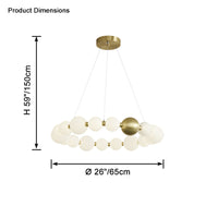 The 26-inch pearl-ring chandelier measures 65 cm across with a 150 cm overall suspension height for accurate room-scale planning.