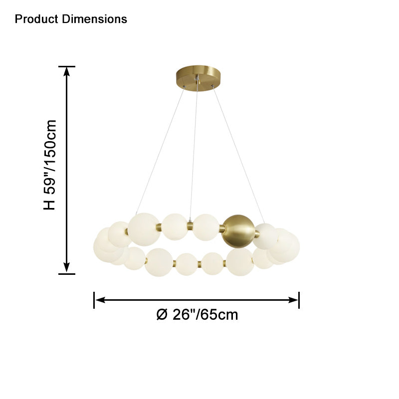The 26-inch pearl-ring chandelier measures 65 cm across with a 150 cm overall suspension height for accurate room-scale planning.