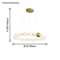 The 33-inch pearl-ring chandelier measures 85 cm across with a 150 cm overall suspension height, showing its proportions for medium-to-large rooms.