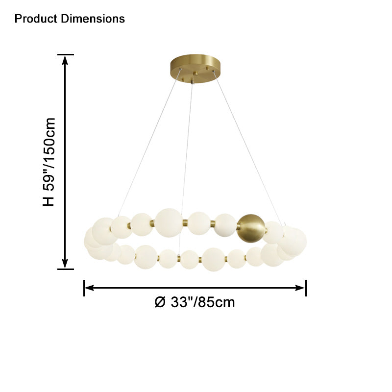 The 33-inch pearl-ring chandelier measures 85 cm across with a 150 cm overall suspension height, showing its proportions for medium-to-large rooms.