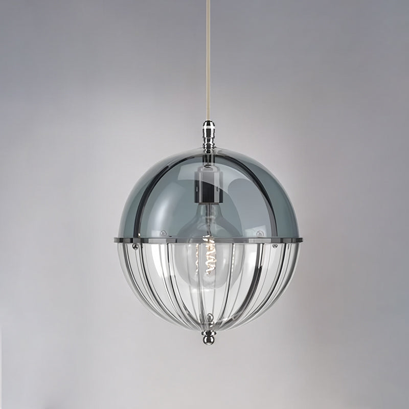 A blue and clear glass globe pendant light fixture designed for kitchen or hallway lighting.