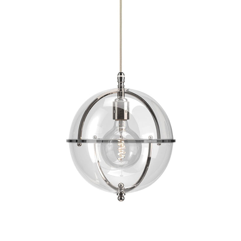 Clear glass globe pendant light with a visible bulb and circular center band.
