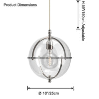 Clear glass globe pendant light dimension diagram showing a 10-inch/25 cm globe, an open metal ring frame, and an adjustable 59-inch/150 cm suspension cord.