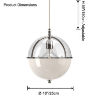 Clear-and-white glass globe pendant light dimension diagram showing a 10-inch/25 cm globe and an adjustable 59-inch/150 cm suspension cord.