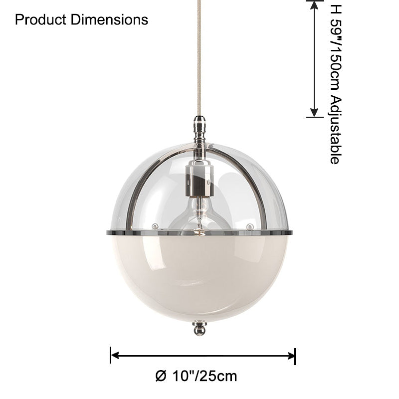 Clear-and-white glass globe pendant light dimension diagram showing a 10-inch/25 cm globe and an adjustable 59-inch/150 cm suspension cord.