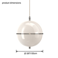 White globe hanging light product dimension graphic showing the spherical glass shade and suspended profile.