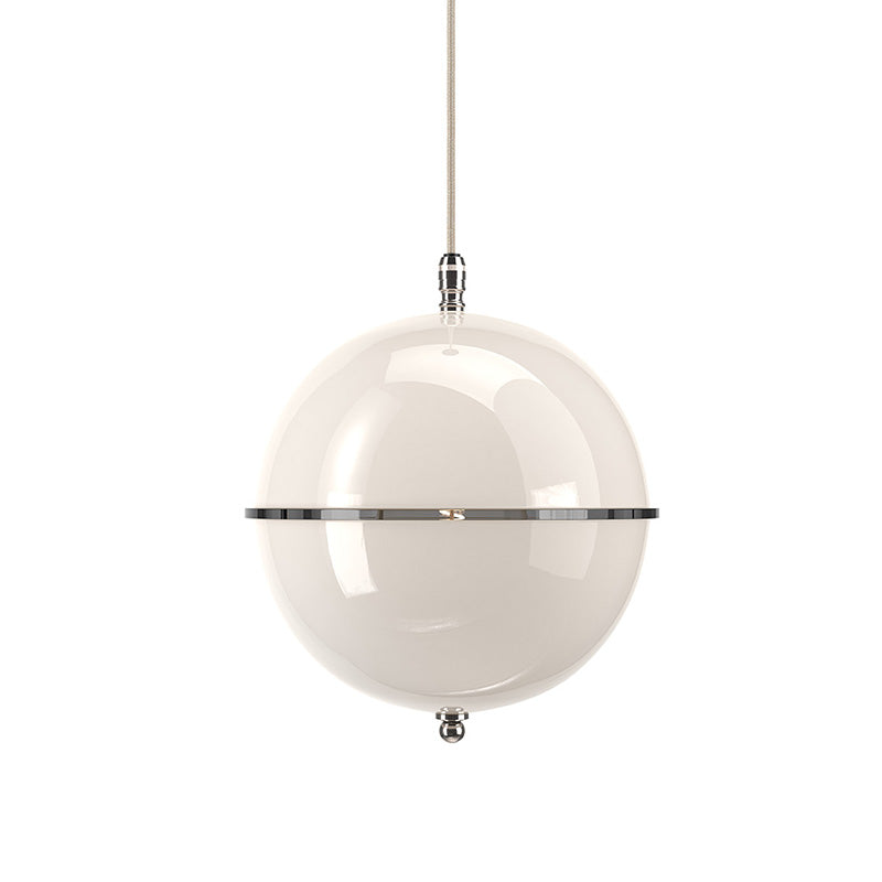 White globe hanging light with a smooth glass sphere, slim suspension cord, and horizontal metal ring.